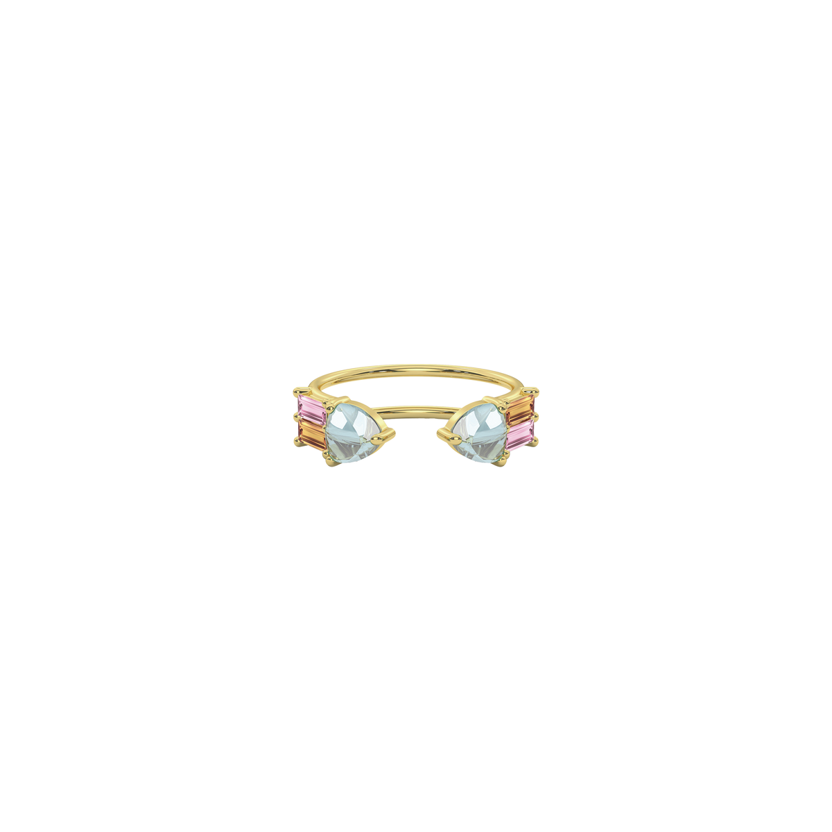Atlante Ring in 18k yellow gold with two Aquamarine stones, two tourmaline baguettes and two citrine baguettes by Nayestones, Belgian Fine Jewelry.