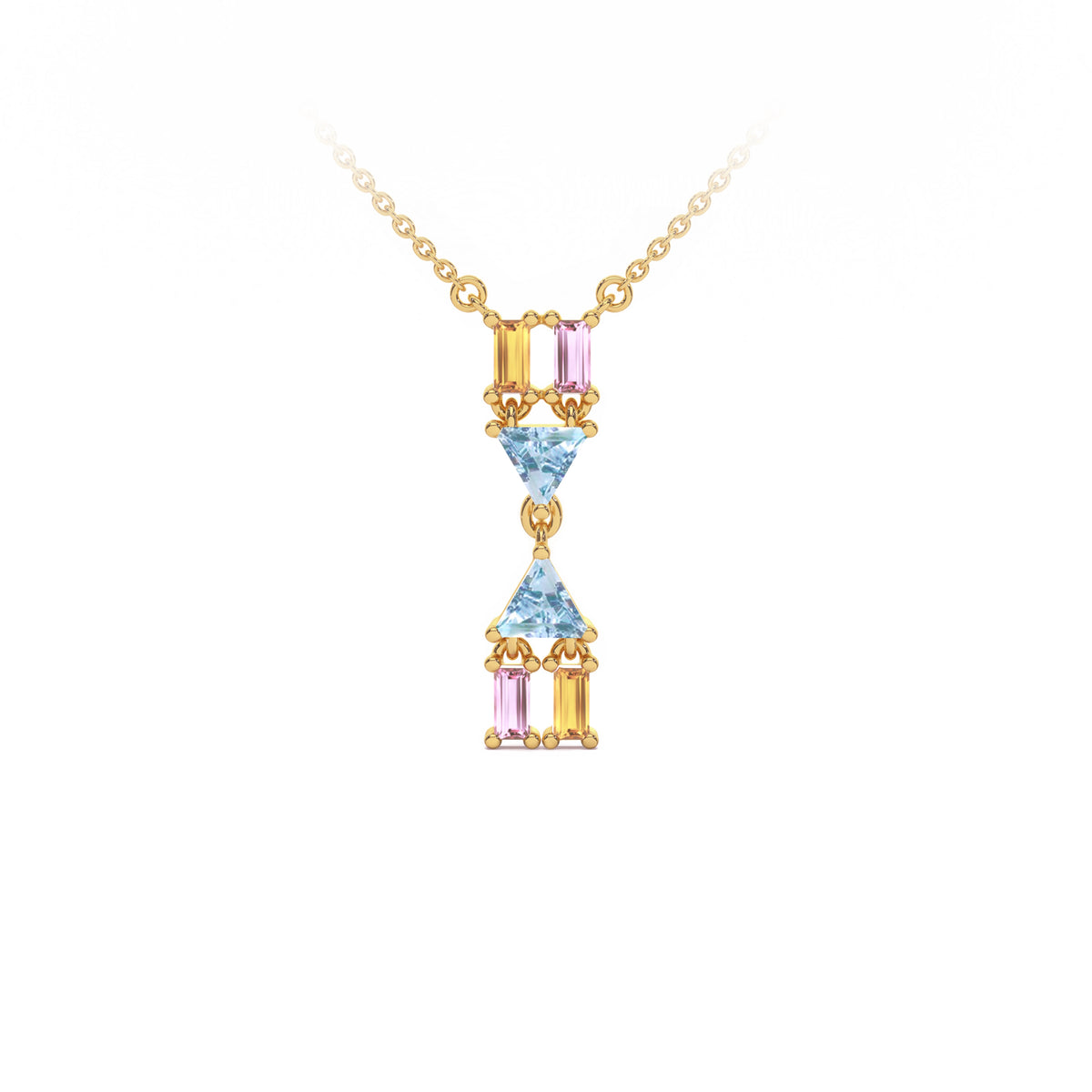 Atlante Vertical Necklace in 18k yellow gold with two trillion-cut light blue topaz, two baguette-cut citrines, and two baguette-cut pink tourmalines.