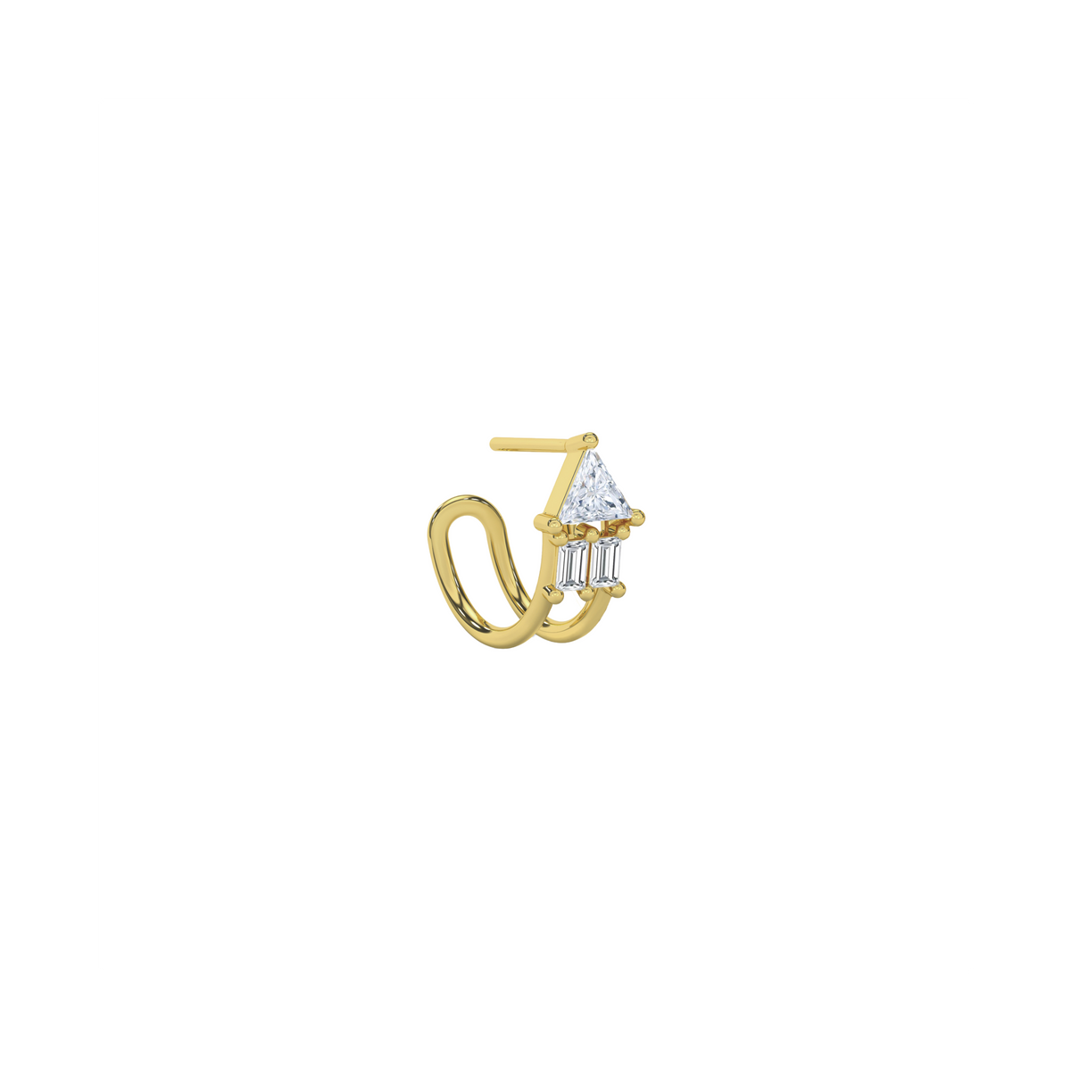 Atlante earrings in 18k a single trillion-cut and two baguette-cut diamonds by Nayestones, Blgian Fine Jewelry.
