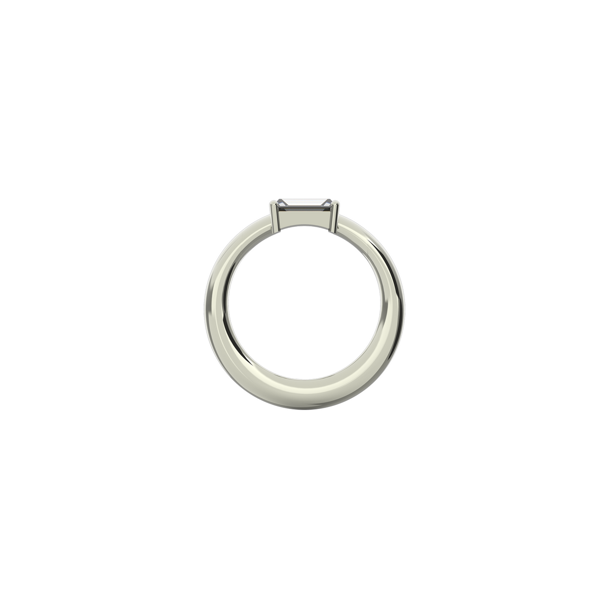 Moon Engagement Ring in 18k white gold with a 0.75 carats baguette-cut diamond by Nayestones, Belgian Fine Jewelry.