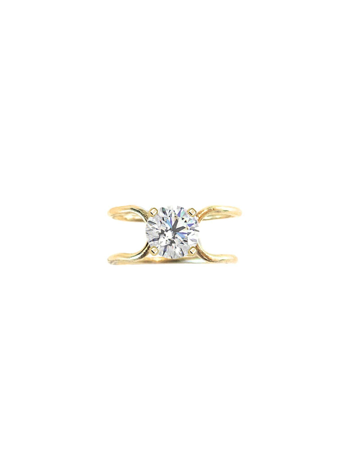 Double C Solitaire Diamond Ring in 18k yellow gold with a 1ct round-cut diamond by Nayestones, Belgian Fine Jewelry.