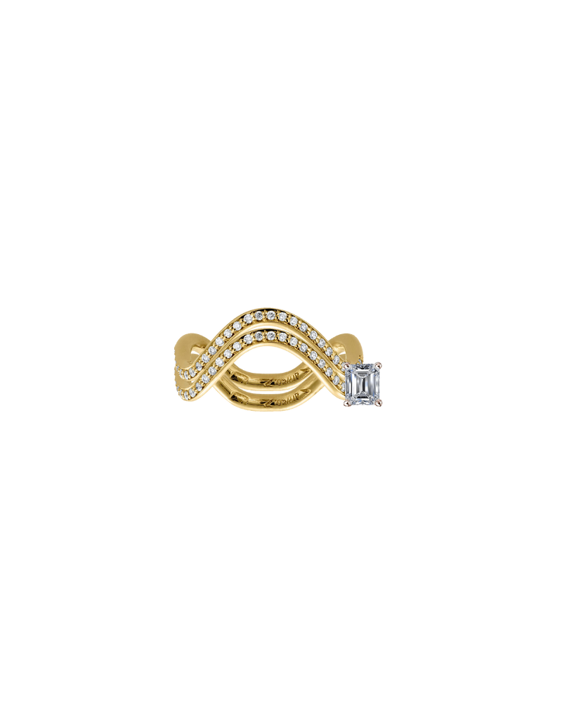 Double Petite Comète wedding and engagement ring set in 18k yellow gold with a 0.25ct baguette-cut diamond and double pavé diamonds by Nayestones, Belgian fine jewelry. Nayestones