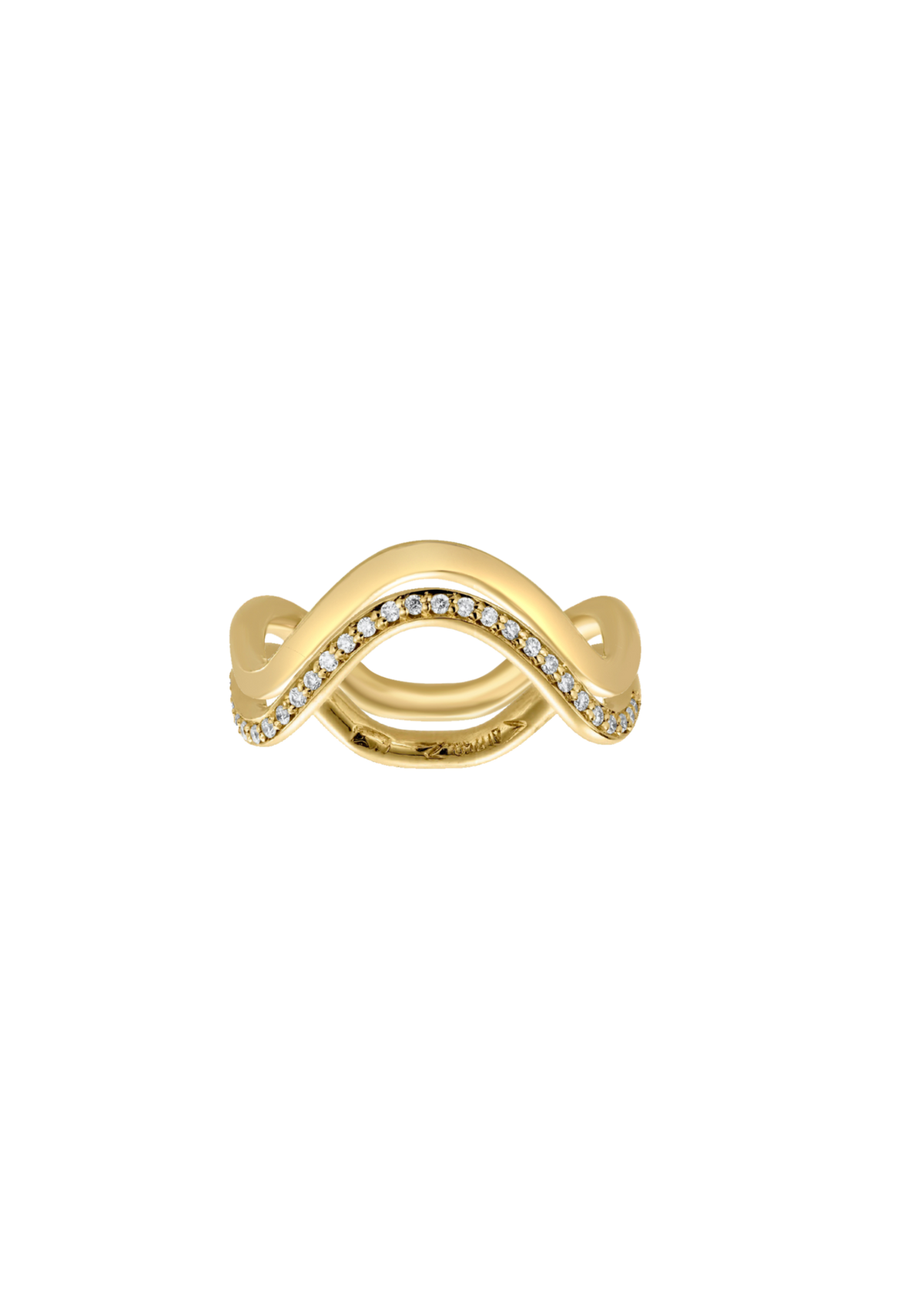 Double petite comete wedding and engagement ring in 18k yellow gold with a pavé diamonds on bottom band by Nayestones, Belgian fine jewelry.