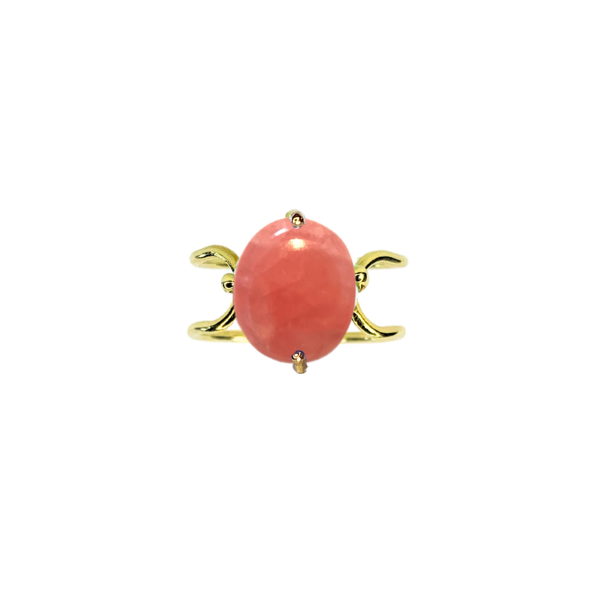 Double C Big Cabochon Ring in 14k yellow gold with an oval cut Rhodochrosite stone by Nayestones, Belgian Fine Jewelry.