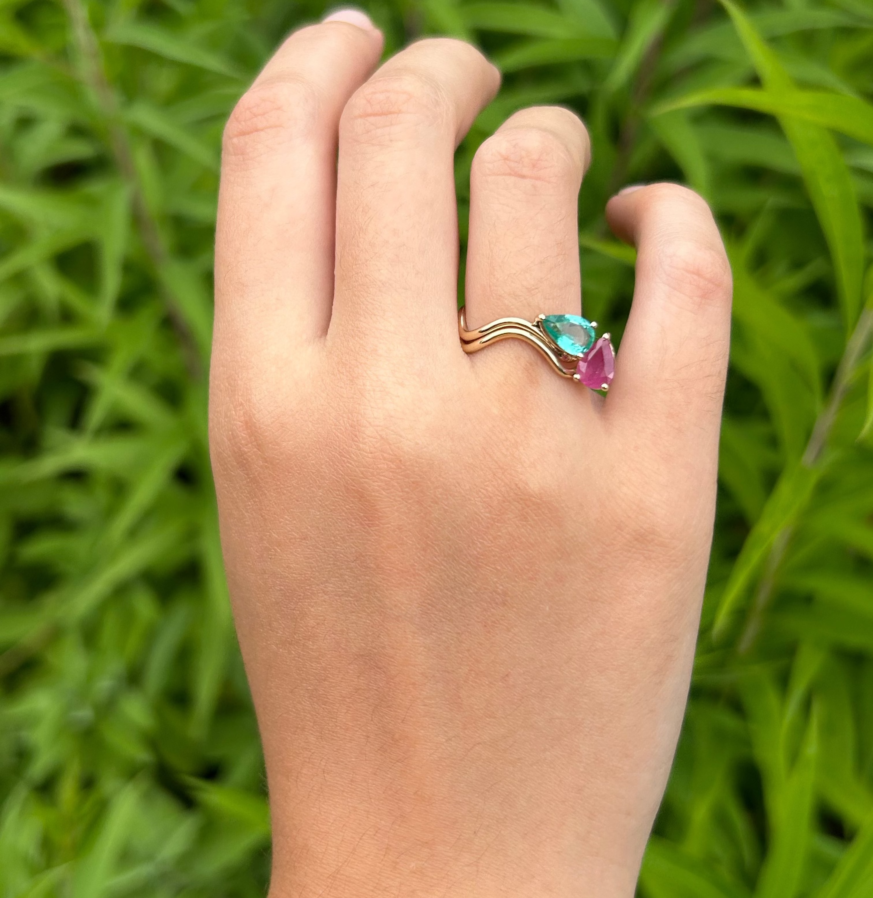 Double Petite Comete Stella Stone Ring Emerald Tourmaline