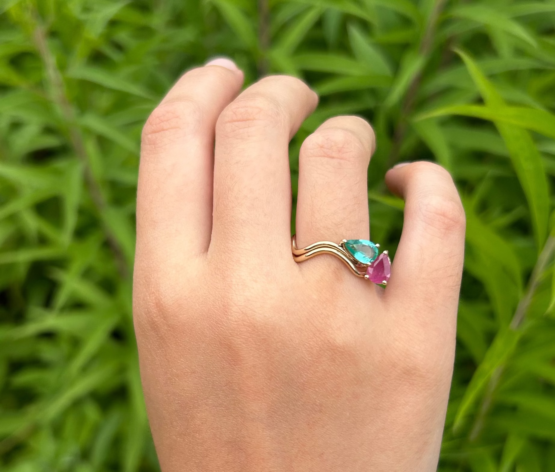 Double Petite Comete Stella Stone Ring Emerald Tourmaline