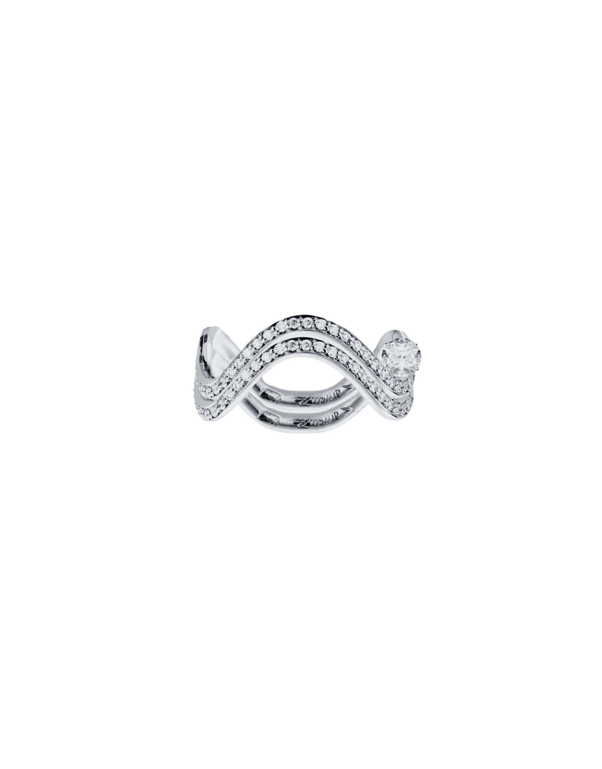Petite Comete wedding and engagement ring in 18k white gold ring with a 0.25 carat round star diamond and double pavé diamonds by Nayestones, Belgian Fine Jewelry.