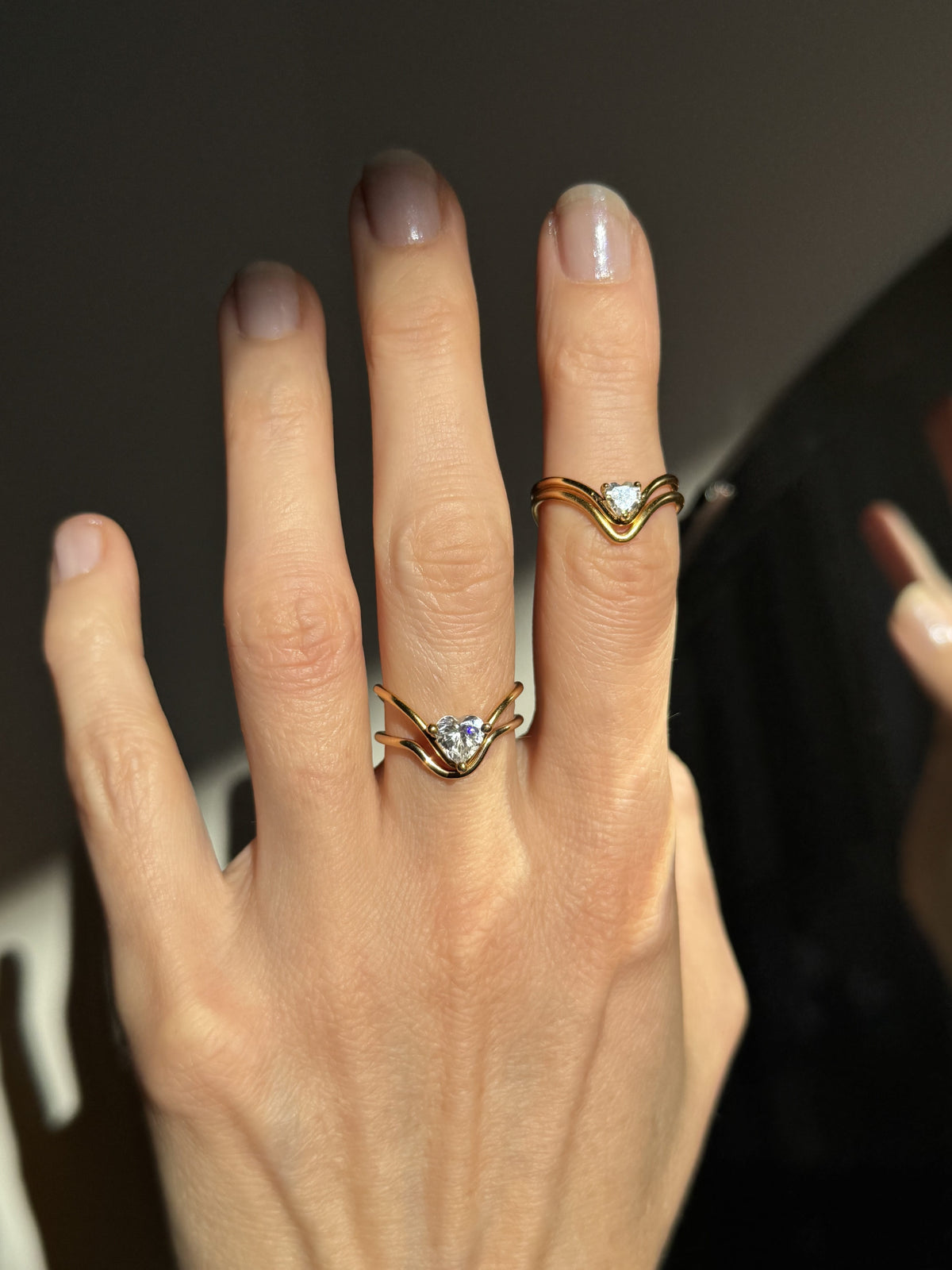 Heart Diamond Ring in 18k yellow gold with 0.25 ct and 0.75 ct diamond stacked with heart loop ring by Nayestones, Belgian fine jewelry.