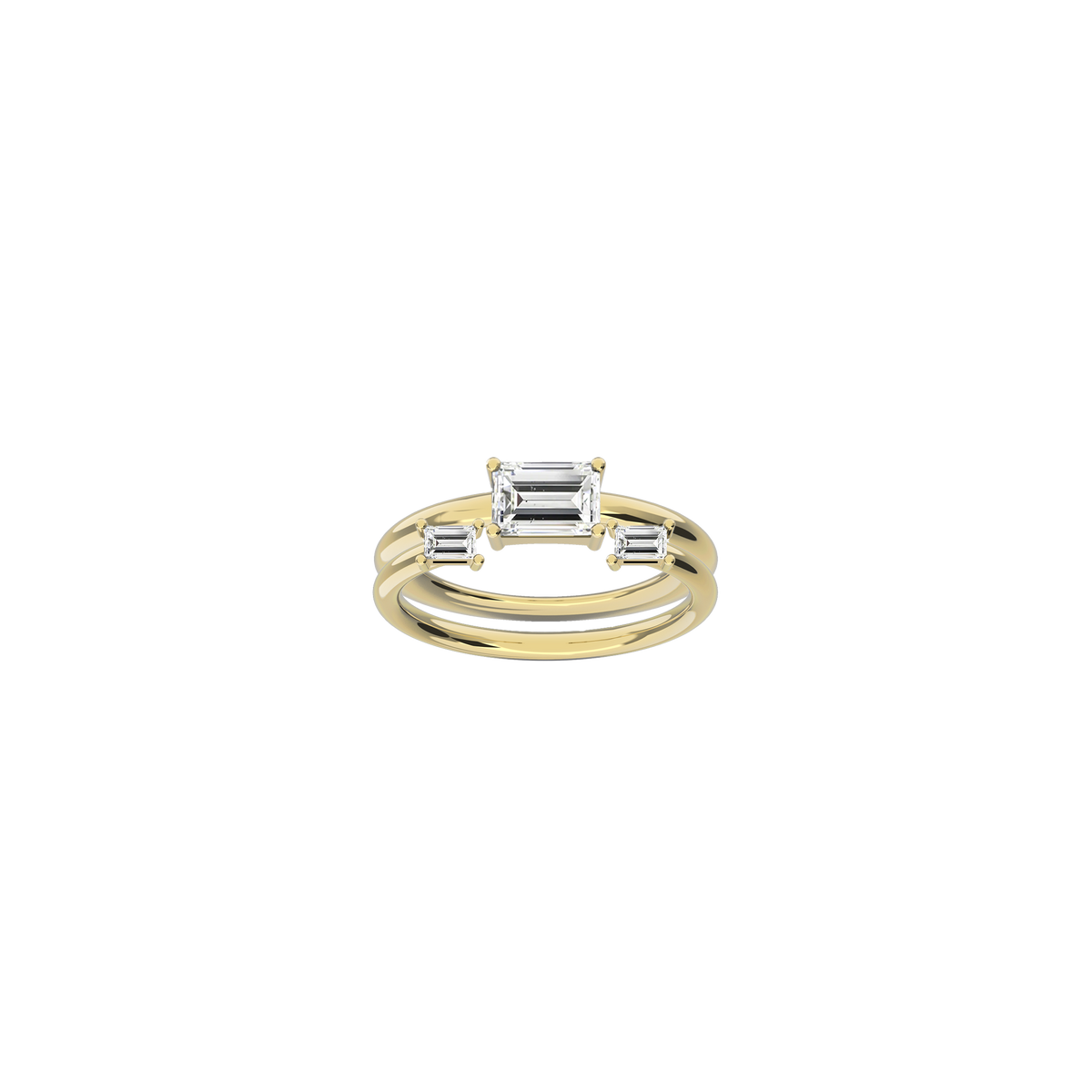 Moon Solitaire Wedding Ring Set in 18k yellow gold, of one Moon Double Baguette Ring with 0.22ct diamonds and a Moon Baguette Diamond Ring with 0.75ct by Nayestones, Belgian fine jewelry.