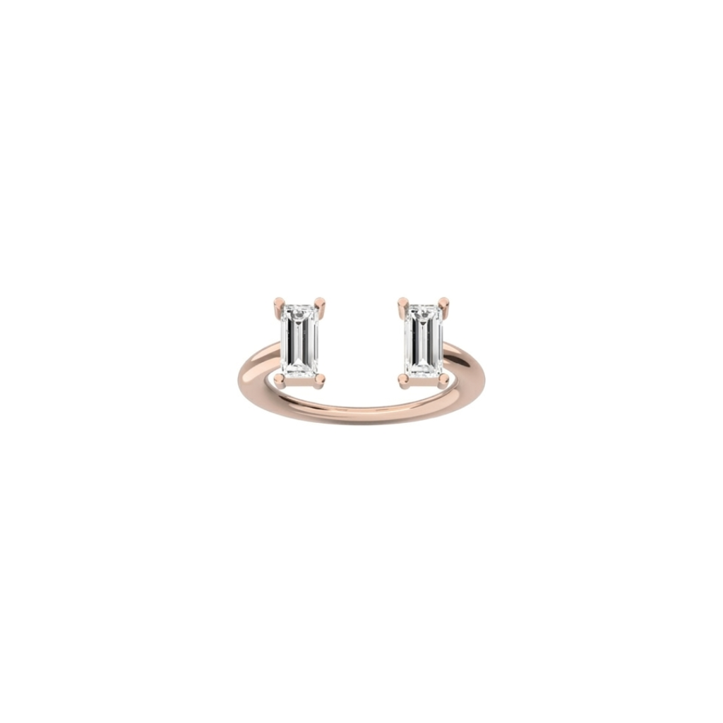Double baguette diamond ring in 18k pink gold with two 0.56 carat diamonds by Nayestones, Belgian fine jewelry