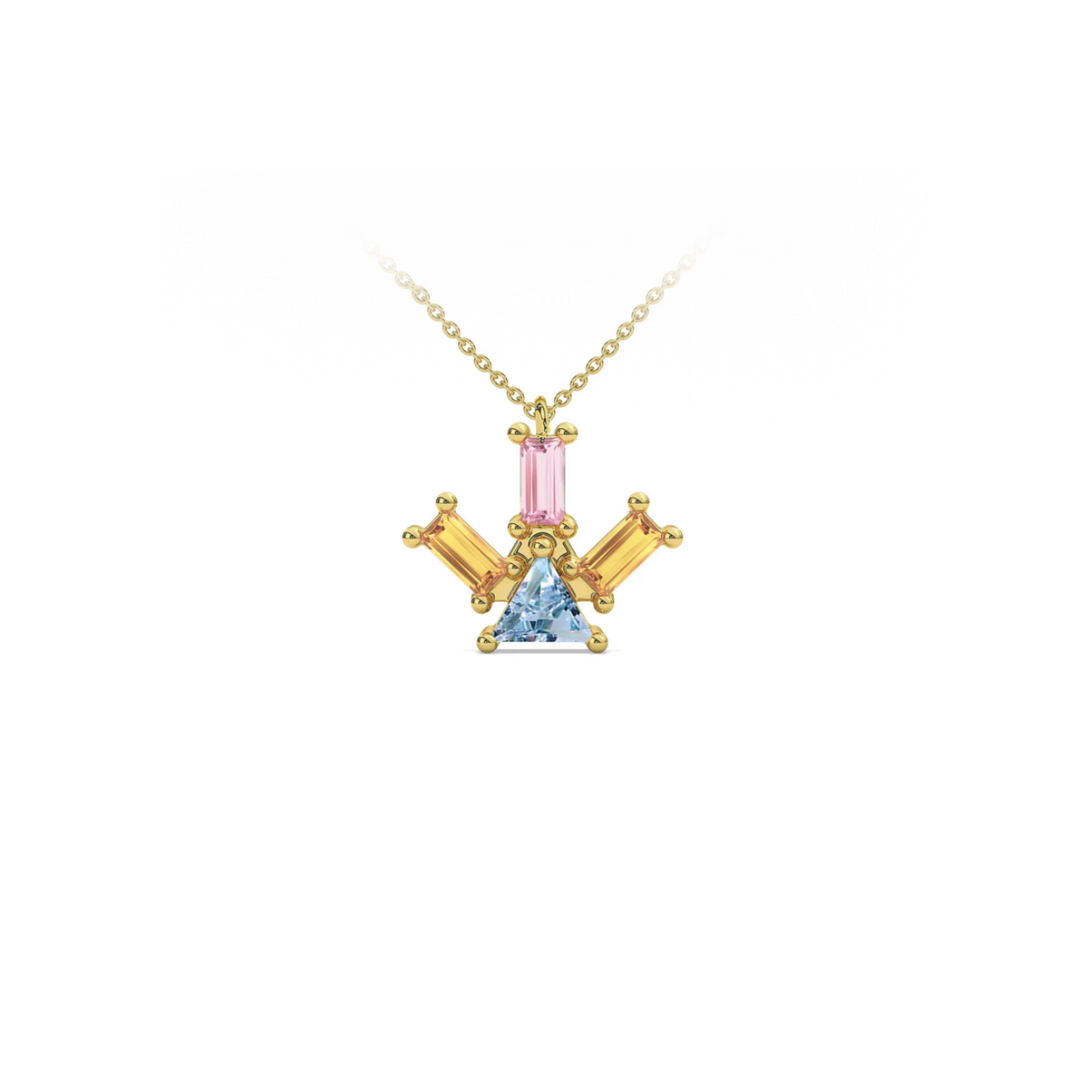 Atlante Pyramid Ray pendant necklace in 18k yellow gold with a trillion-cut center blue topaz, two baguette-cut citrine stone and one baguette-cut pink tourmaline by Nayestones, Belgian Fine Jewelry.