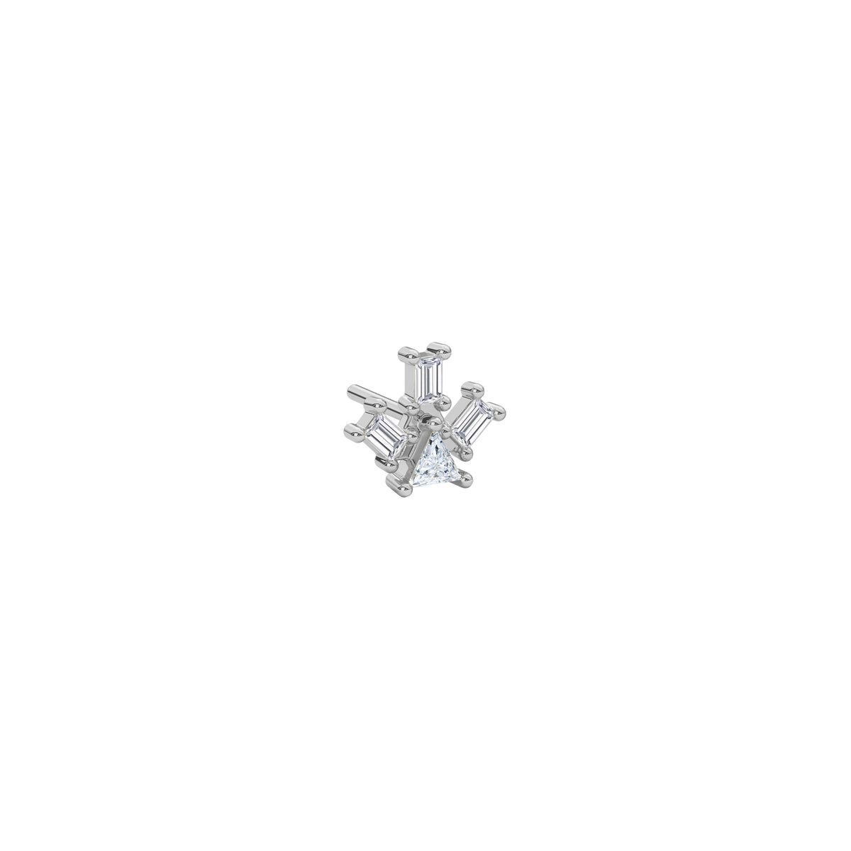 Atlante Pyramid Ray in 18k white gold stud earring 1 trillion-cut diamond and 3 baguette-cut diamonds by Nayestones, Belgian Fine Jewelry.
