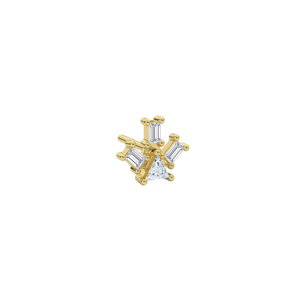 Atlante Pyramid Ray in 18k yellow gold stud earring 1 trillion-cut diamond and 3 baguette-cut diamonds by Nayestones, Belgian Fine Jewelry.
