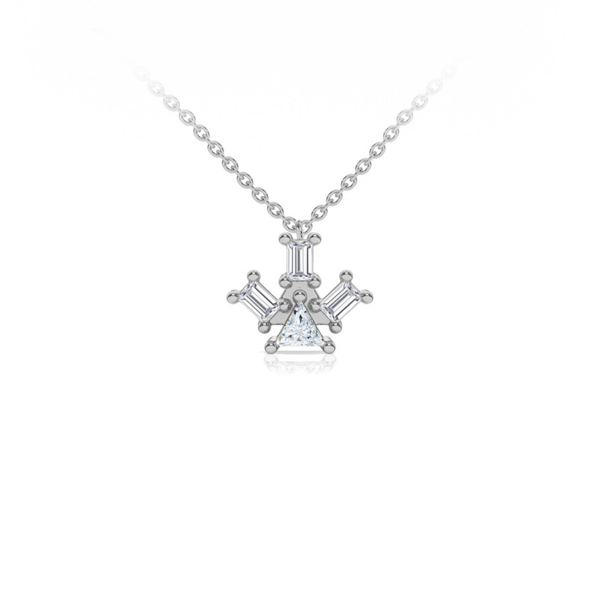 Atlante Pyramid Ray pendant necklace in 18k white gold with a trillion- cut center diamond and 3 baguette-cut diamonds by Nayestones, Belgian Fine Jewelry.