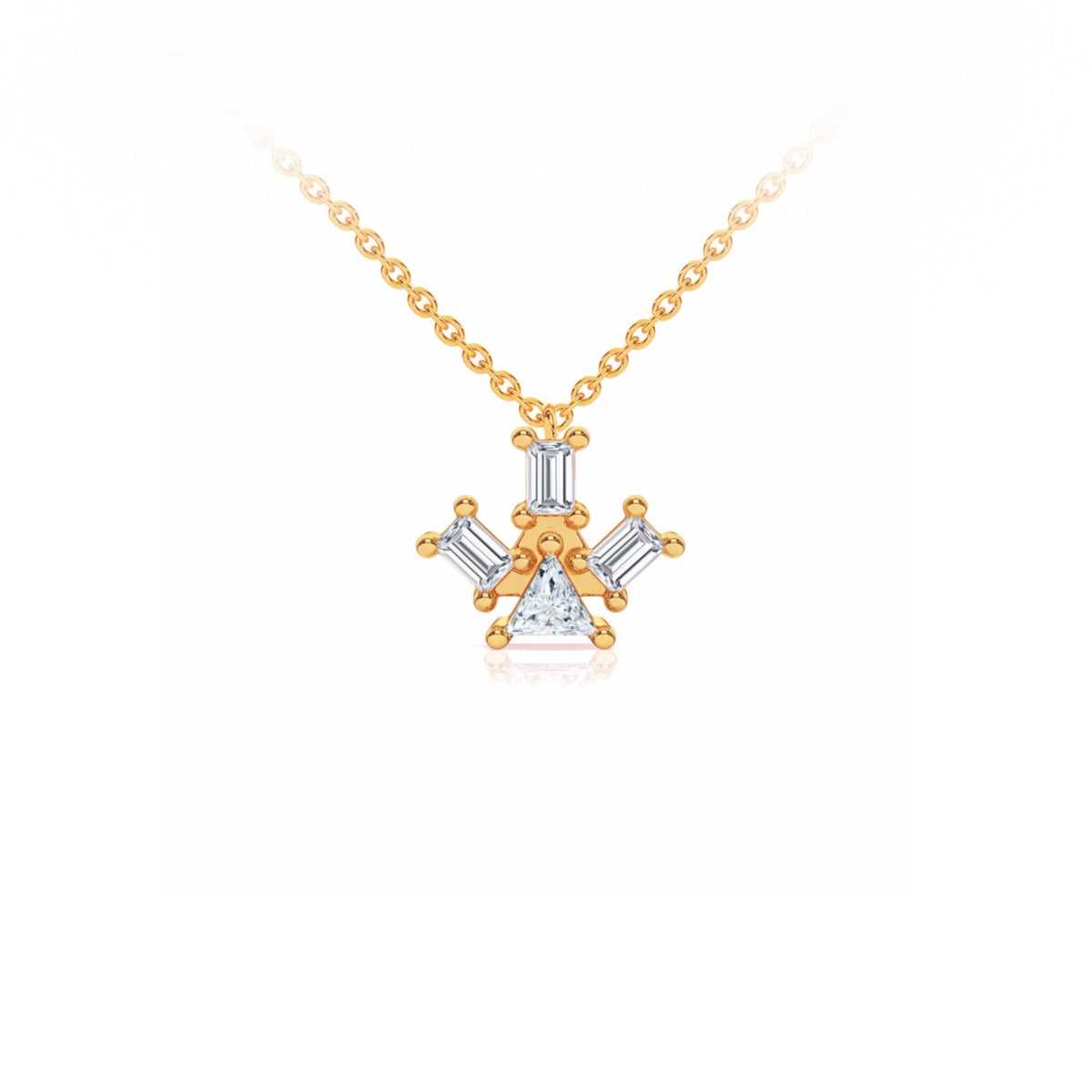 Atlante Pyramid Ray pendant necklace in 18k pink gold with a trillion- cut center diamond and 3 baguette-cut diamonds by Nayestones, Belgian Fine Jewelry.