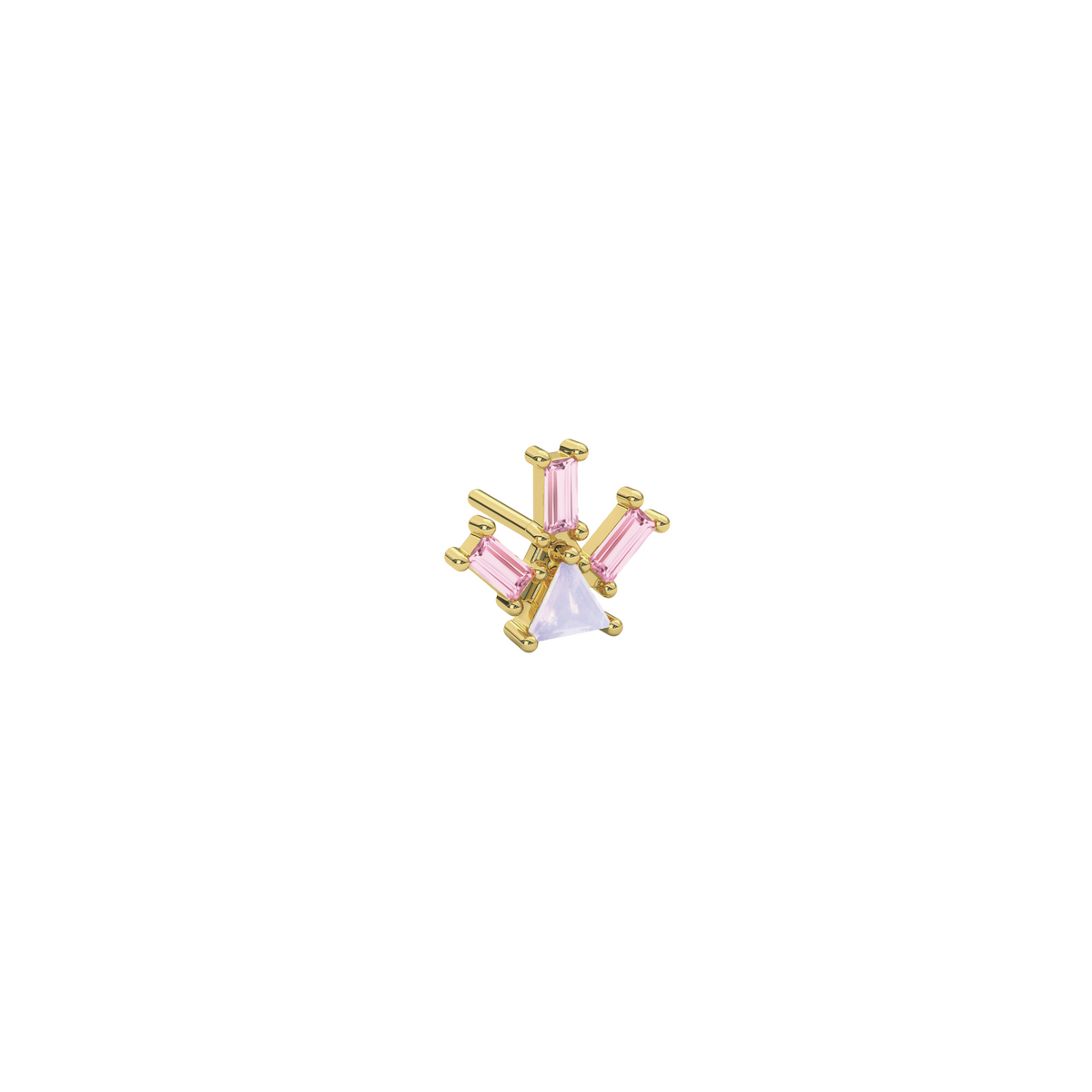 Atlante Pyramid Ray stud earrings in 18k yellow gold a trillion-cut opal and three pink tourmaline baguettes by Nayestones, Belgian Fine Jewelry.