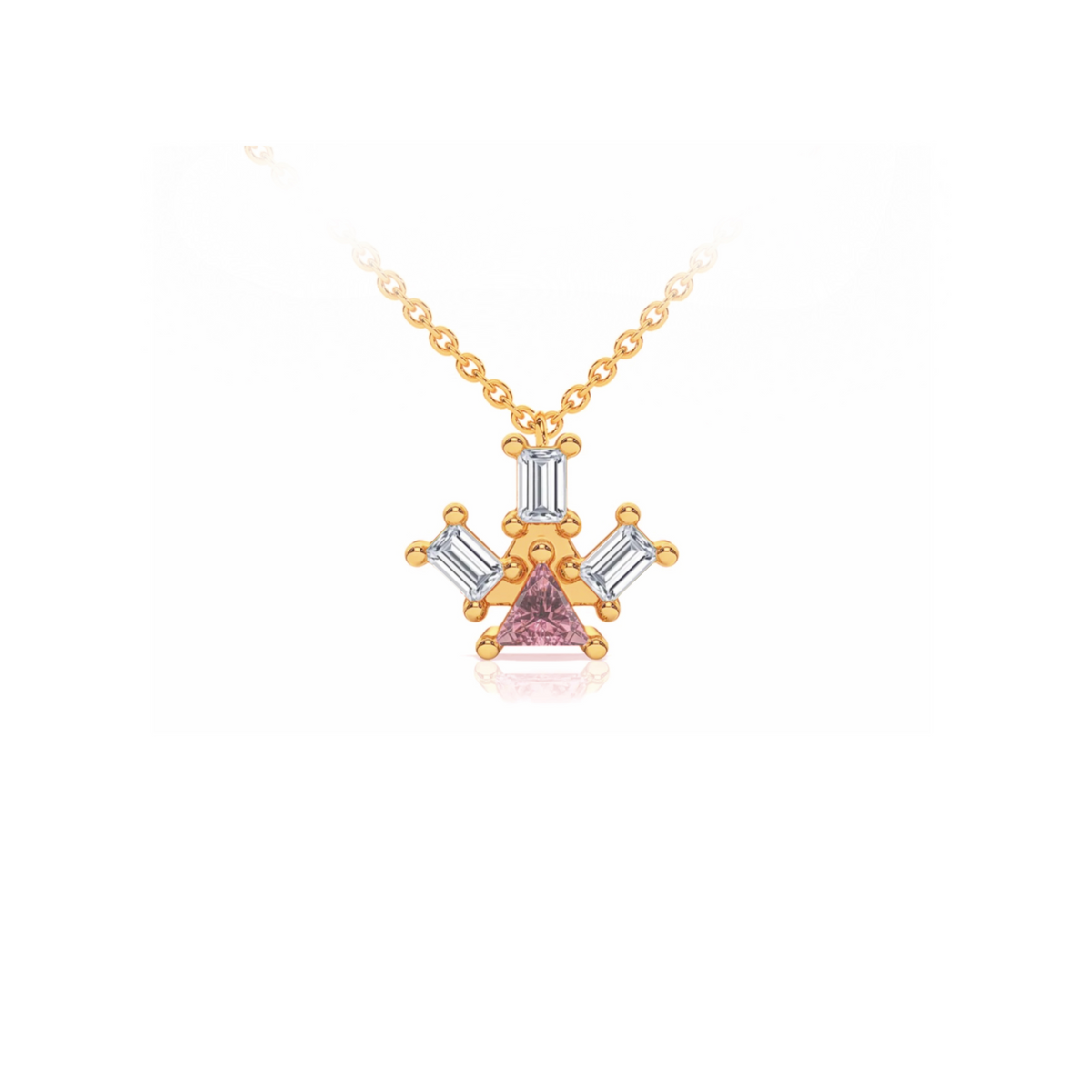 Atlante Pyramid Ray pendant necklace in 18k yellow gold with a trillion-cut center pink tourmaline stone and three baguette-cut diamonds by Nayestones, Belgian Fine Jewelry.