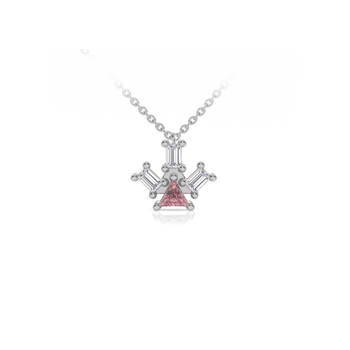 Atlante Pyramid Ray pendant necklace in 18k white gold with a trillion-cut center pink tourmaline stone and three baguette-cut diamonds by Nayestones, Belgian Fine Jewelry.