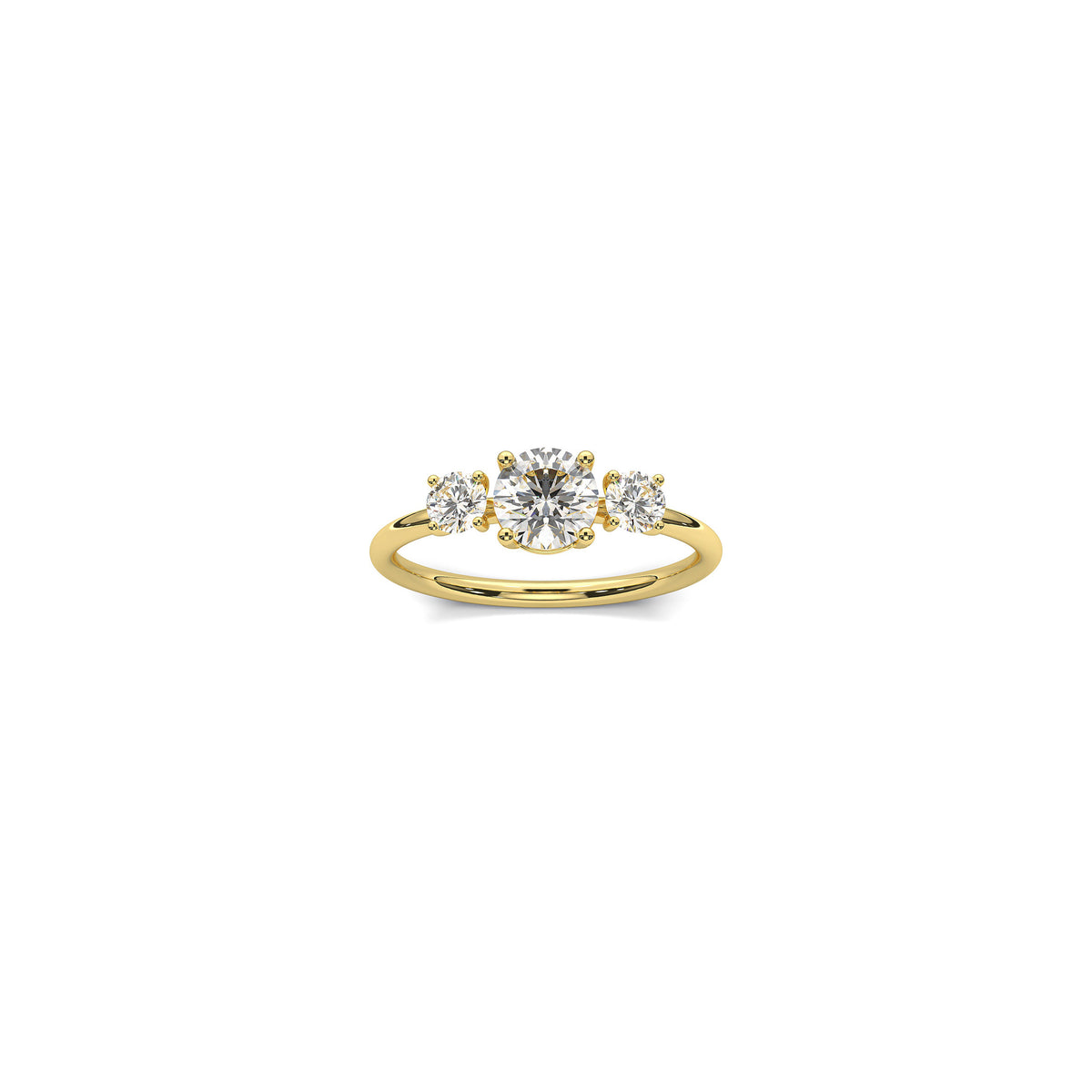 Trilogy engagement ring in 18K yellow gold with a 0.75 carat center diamond stone and two smaller diamonds on the sides by Nayestones, Belgian fine jewelry brand.