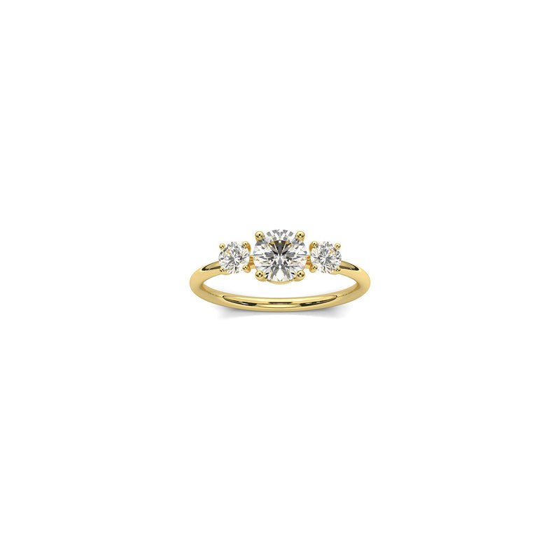 Trilogy engagement ring in 18K yellow gold with a 0.75 carat center diamond stone and two smaller diamonds on the sides by Nayestones, Belgian fine jewelry brand. Nayestones