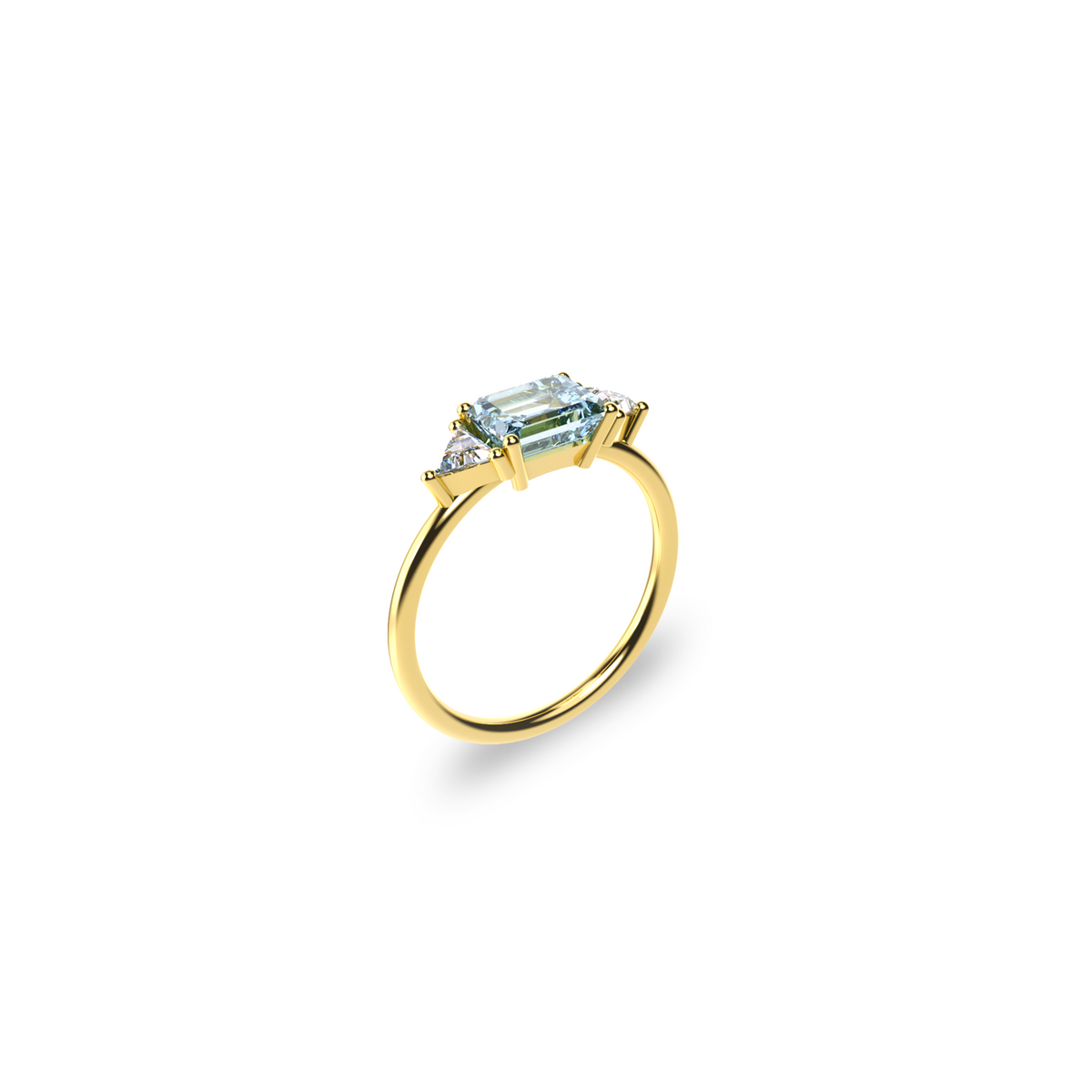 18K yellow gold ring with emerald-cut aquamarine in the center framed by two triangular diamonds, perspective view on white background. Sleek, symmetrical design by Nayestones.