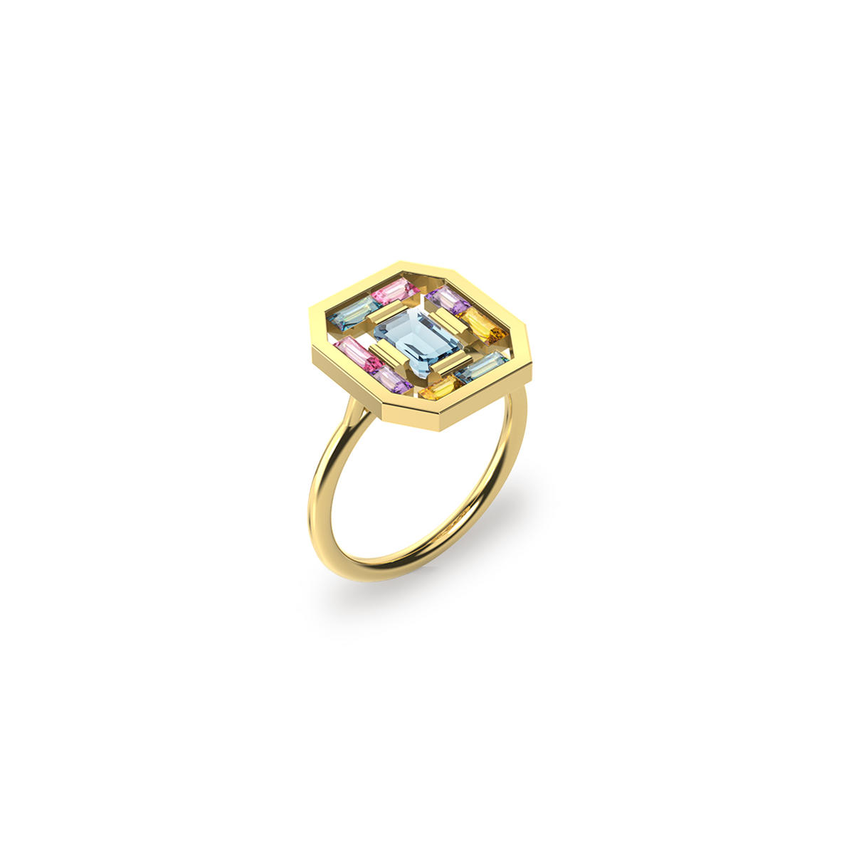Art Deco Aura Ring in 18K yellow gold with an octogonal blue topaz at its center, encircled by a harmonious arrangement of baguette-cut amethysts, tourmalines, citrines and blue topaz. Perspective view on a white background, by Nayestones, Belgian fine jewelry.