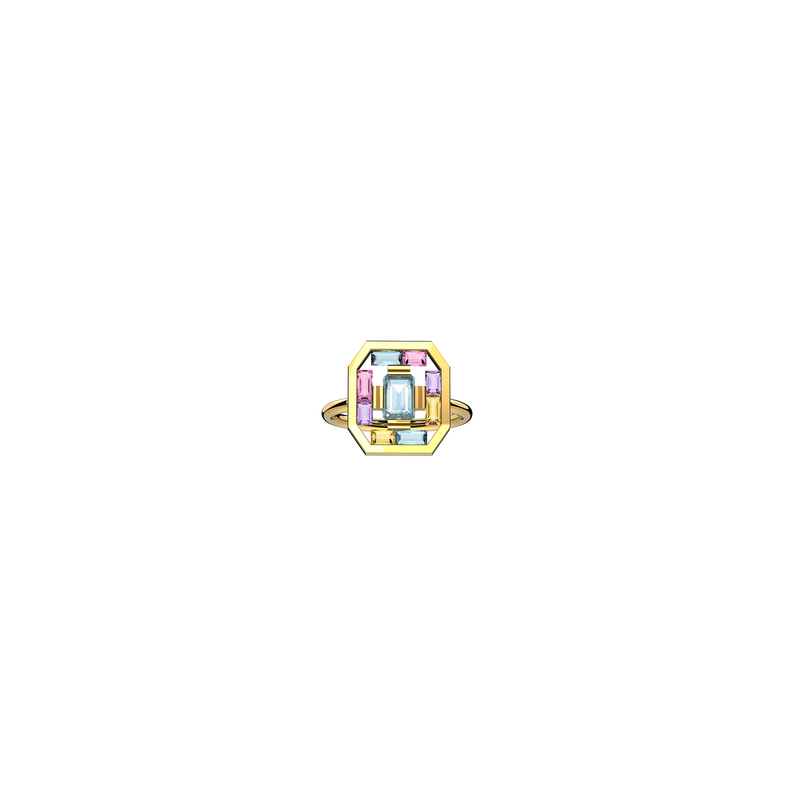 Art Deco Aura Ring in 18K yellow gold with an octogonal blue topaz at its center, encircled by a harmonious arrangement of baguette-cut amethysts, tourmalines, citrines and blue topaz. Front view on a white background, by Nayestones, Belgian fine jewelry. Nayestones