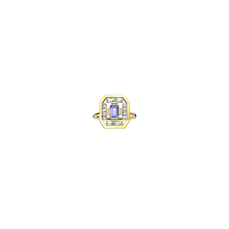 Art Deco Ava Ring in 18K yellow gold with an octogonal tanzanite at its center, encircled by a harmonious arrangement of baguette-cut diamonds. Front view on a white background, by Nayestones, Belgian fine jewelry. Nayestones
