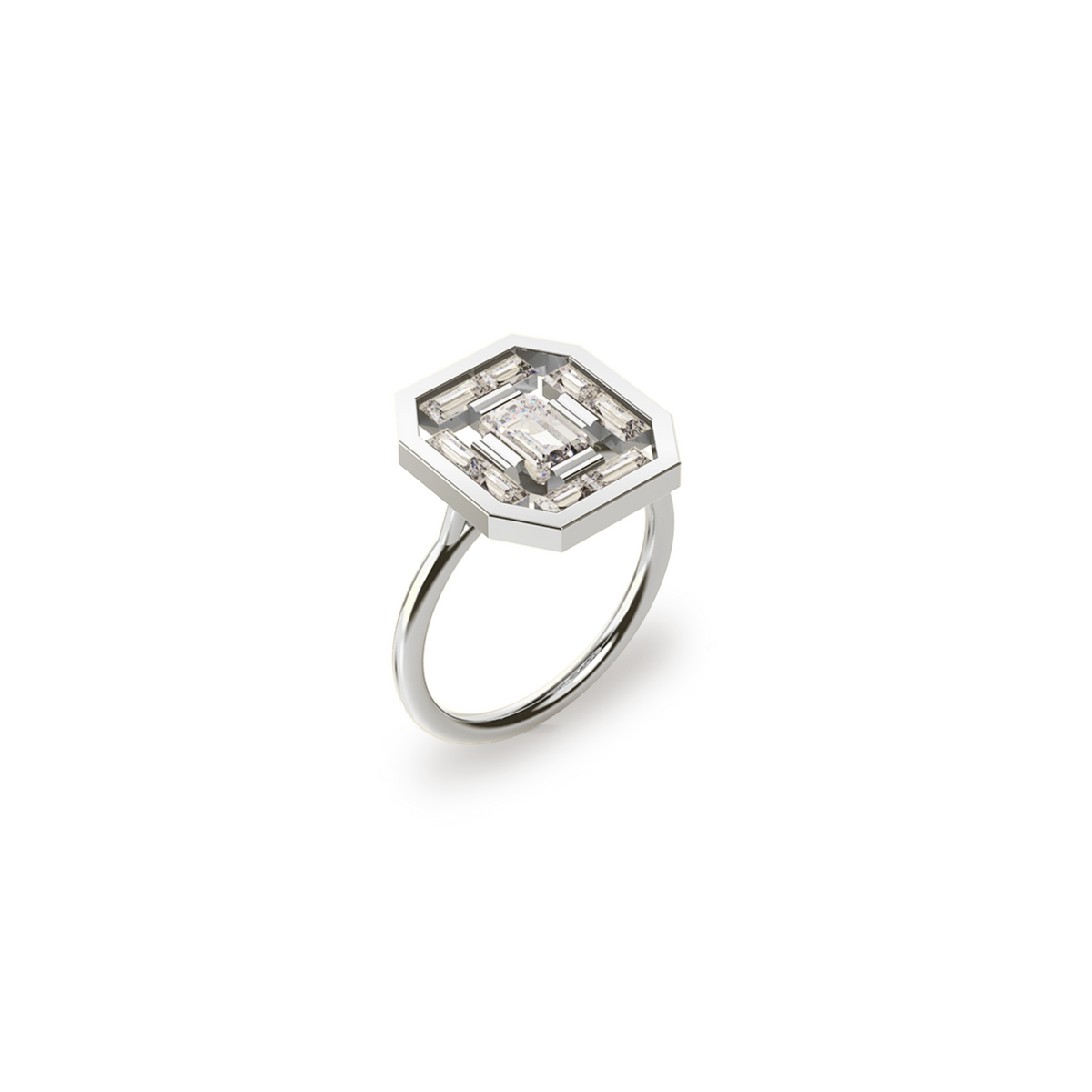 Art Deco Lumina Ring in 18K white gold with an octogonal diamond at its center, encircled by a harmonious arrangement of baguette-cut diamonds. Perspective view on a white background, by Nayestones, Belgian fine jewelry.