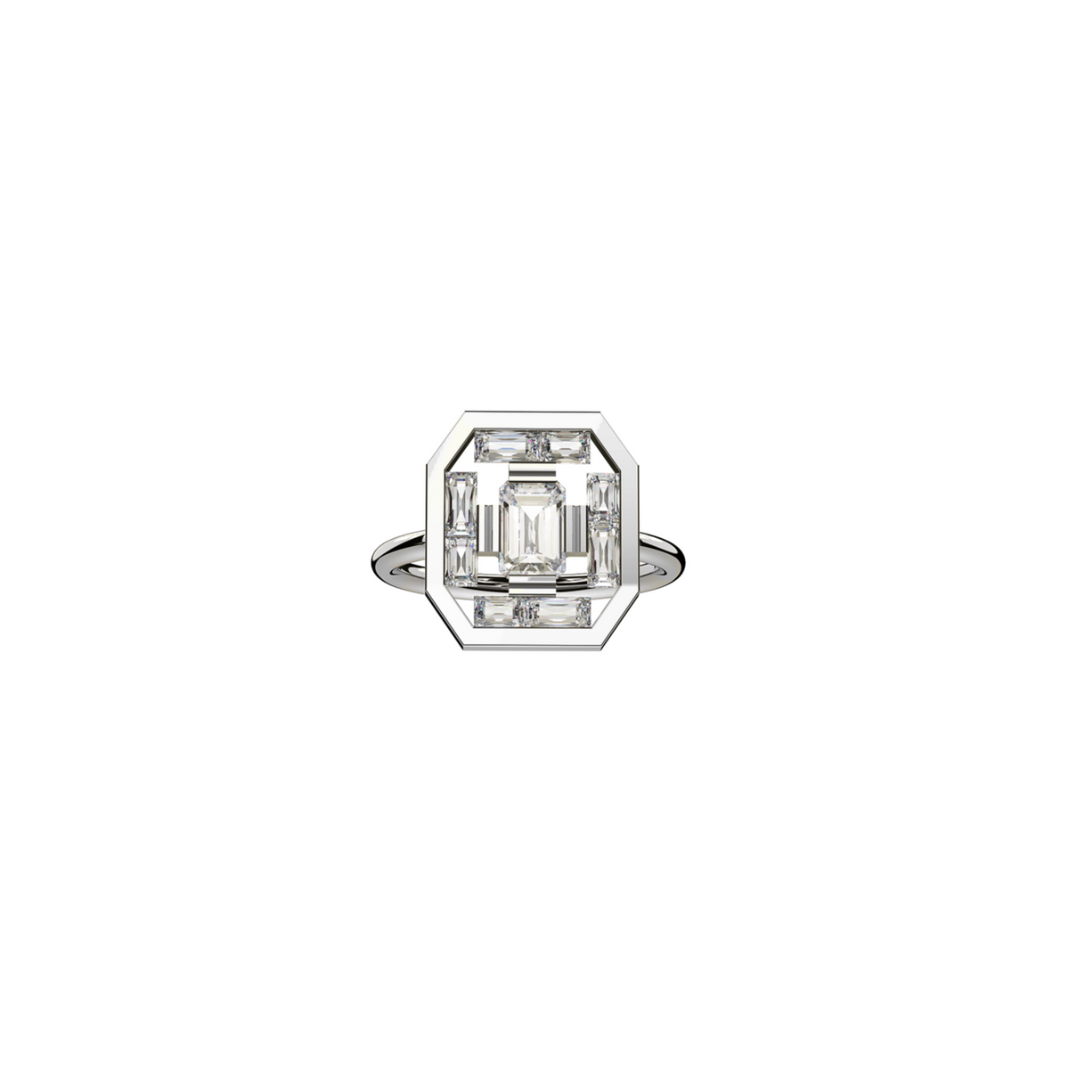 Art Deco Lumina Ring in 18K white gold with an octogonal diamond at its center, encircled by a harmonious arrangement of baguette-cut diamonds. Front view on a white background, by Nayestones, Belgian fine jewelry.