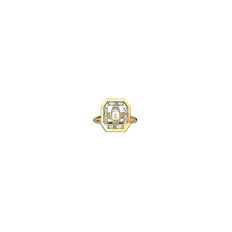 Art Deco Lumina Ring in 18K yellow gold with an octogonal diamond at its center, encircled by a harmonious arrangement of baguette-cut diamonds. Front view on a white background, by Nayestones, Belgian fine jewelry. Nayestones