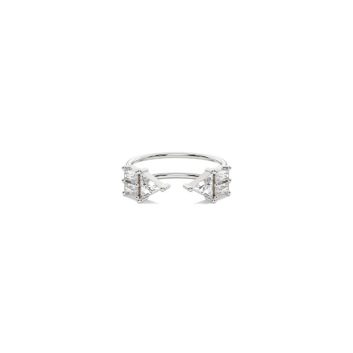 Atlante Ring in 18k white gold two trillion cut diamonds and four baguette-cut diamonds by Nayestones, Belgian fine jewelry.