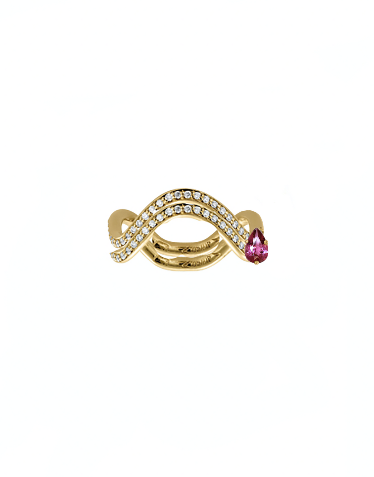 Petite comete wedding and engagement ring in 18k yellow gold and a pear cut pink tourmaline and double pavé diamonds by Nayestones, Belgian creative jewelry.
