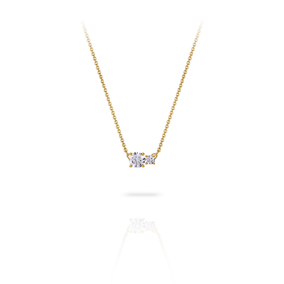 Necklace in 18K white gold with a central 0.50-carat diamond and a second smaller one, front view on white background. Elegant, streamlined design from the Essentials collection by Nayestones.