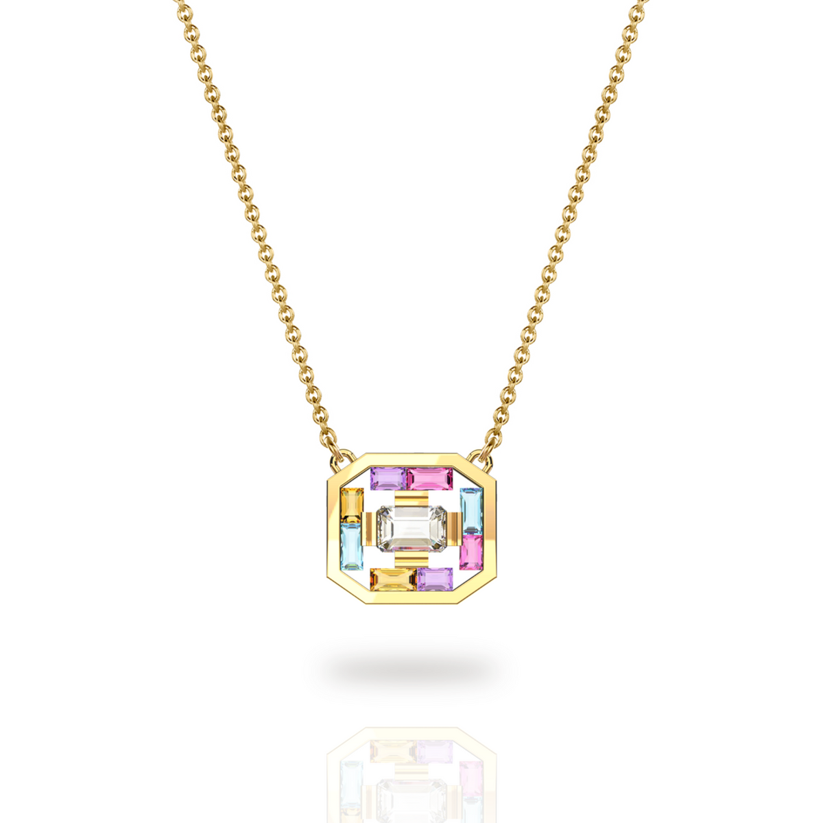 Art Deco Aura Necklace in a white background, in 18K yellow gold featuring an octogonal white topaz as its centerpiece, surrounded by baguette-cut amethysts, tourmalines, citrines, and blue topaz stones. The gemstones are artfully spaced within a geometric gold frame, creating a light and airy design that delicately enhances the neckline.