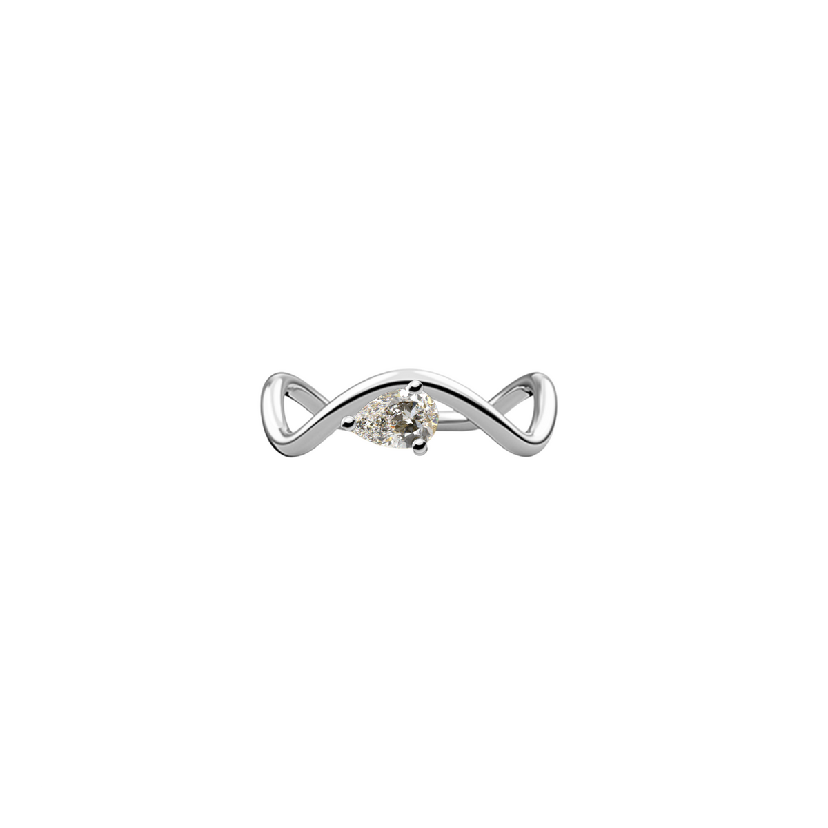 New Petite Comète engagement ring from Nayestones, Belgian fine jewelry, in 18K white gold set with a horizontal pear-cut 0.25-carat diamond, in a white background.