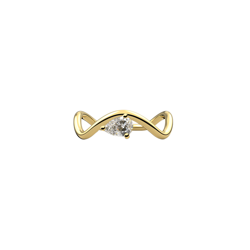 New Petite Comète engagement ring from Nayestones, Belgian fine jewelry, in 18K yellow gold set with a horizontal pear-cut 0.25-carat diamond, in a white background. Nayestones