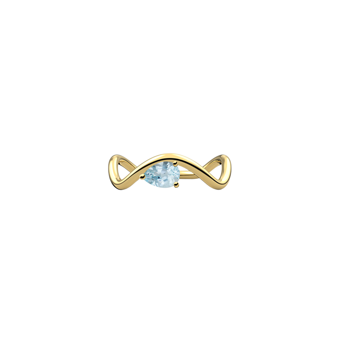 New Petite Comète engagement ring from Nayestones, Belgian fine jewelry, in 18K yellow gold set with a horizontal pear-cut aquamarine, in a white background.