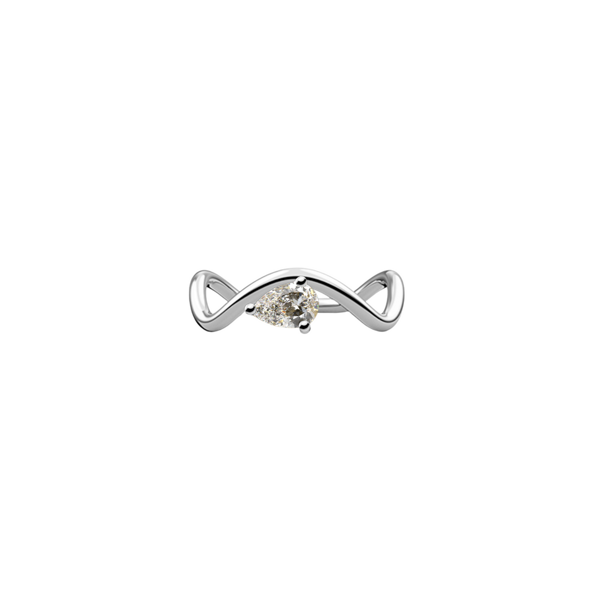 New Petite Comète engagement ring from Nayestones, Belgian fine jewelry, in 18K white gold set with a horizontal pear-cut 0.50-carat diamond, in a white background.
