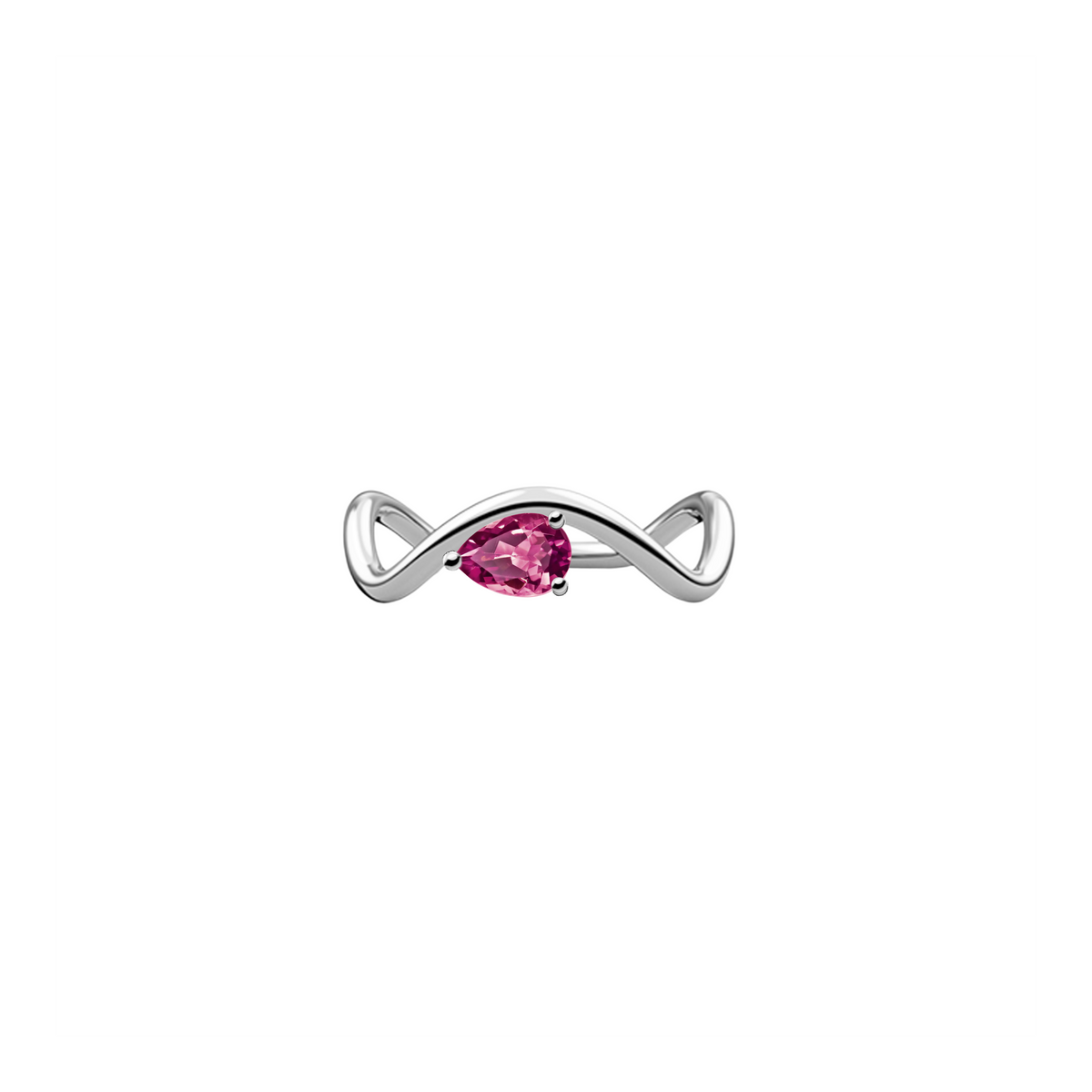 New Petite Comète engagement ring from Nayestones, Belgian fine jewelry, in 18K white gold set with a horizontal pear-cut pink tourmaline, in a white background.