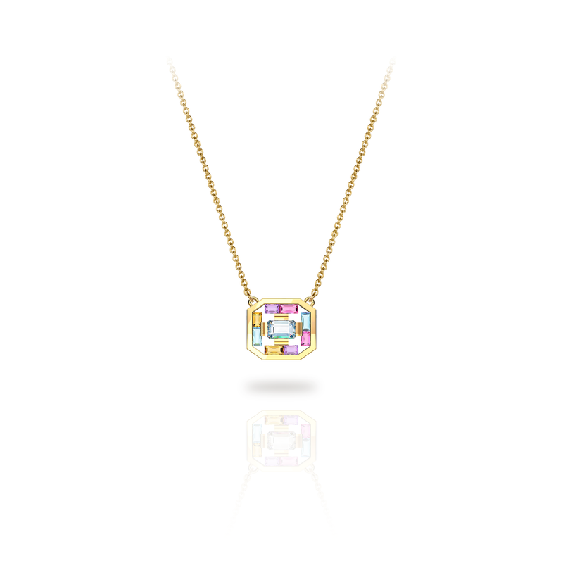 Art Deco Aura Necklace presented in a white background, in 18K yellow gold featuring an octogonal blue topaz as its centerpiece, surrounded by baguette-cut amethysts, tourmalines, citrines, and blue topaz stones. The gemstones are artfully spaced within a geometric gold frame, creating a light and airy design that delicately enhances the neckline. Nayestones
