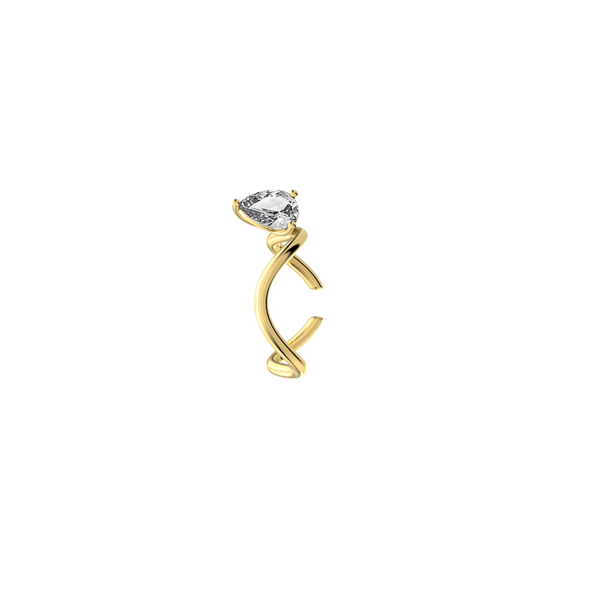 Petite Comète Earcuff from Nayestones, Belgian fine jewelry, in 18K yellow gold set with a pear-cut white topaz, in a white background.
