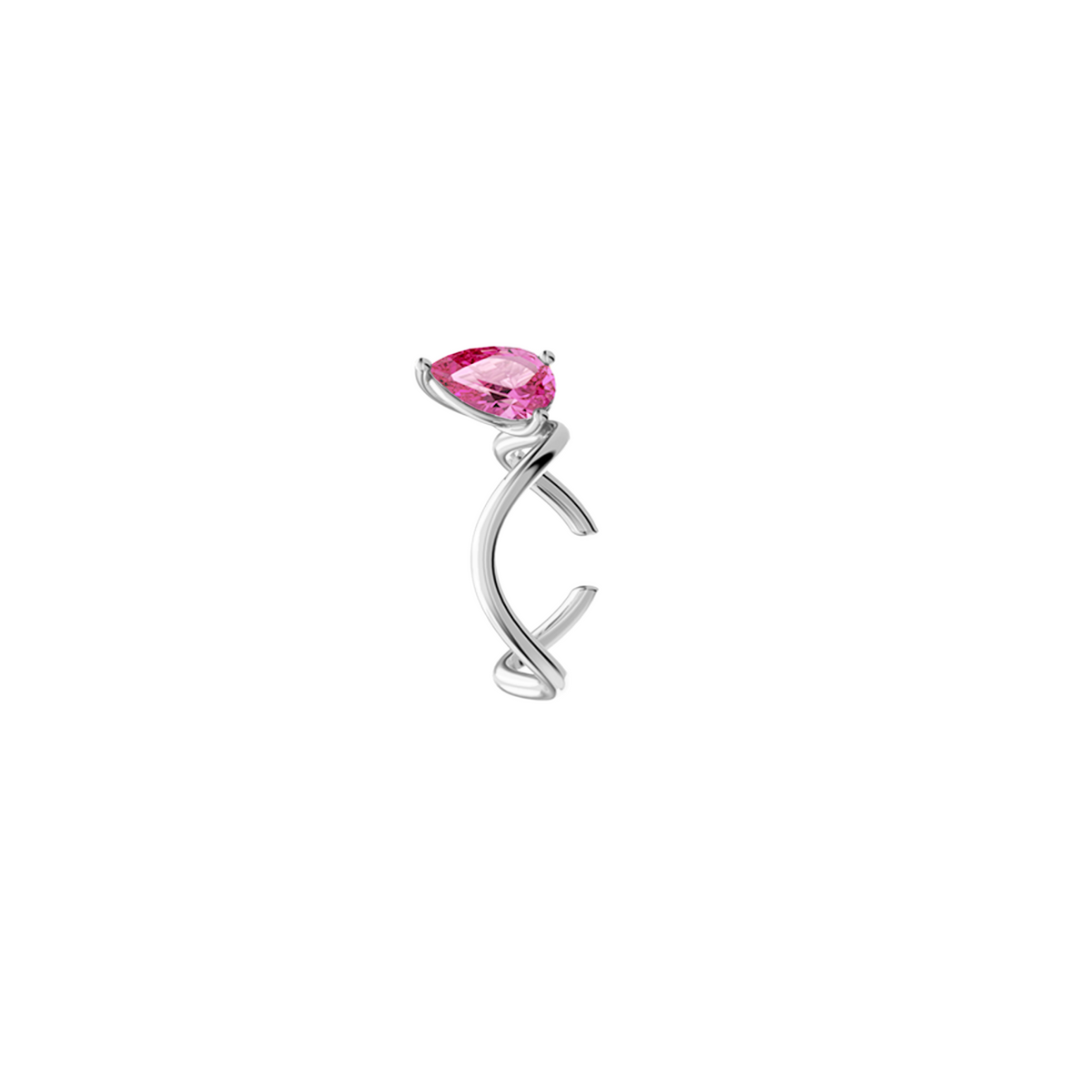 Petite Comète Earcuff from Nayestones, Belgian fine jewelry, in 18K white gold set with a pear-cut pink tourmaline, in a white background.