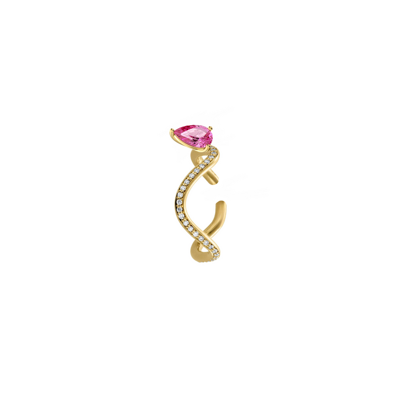 Petite comete earcuff in 18k yellow gold paved with diamond and with a pear-cut pink tourmaline, in a white background, by Nayestones, Belgian fine jewelry.  Nayestones