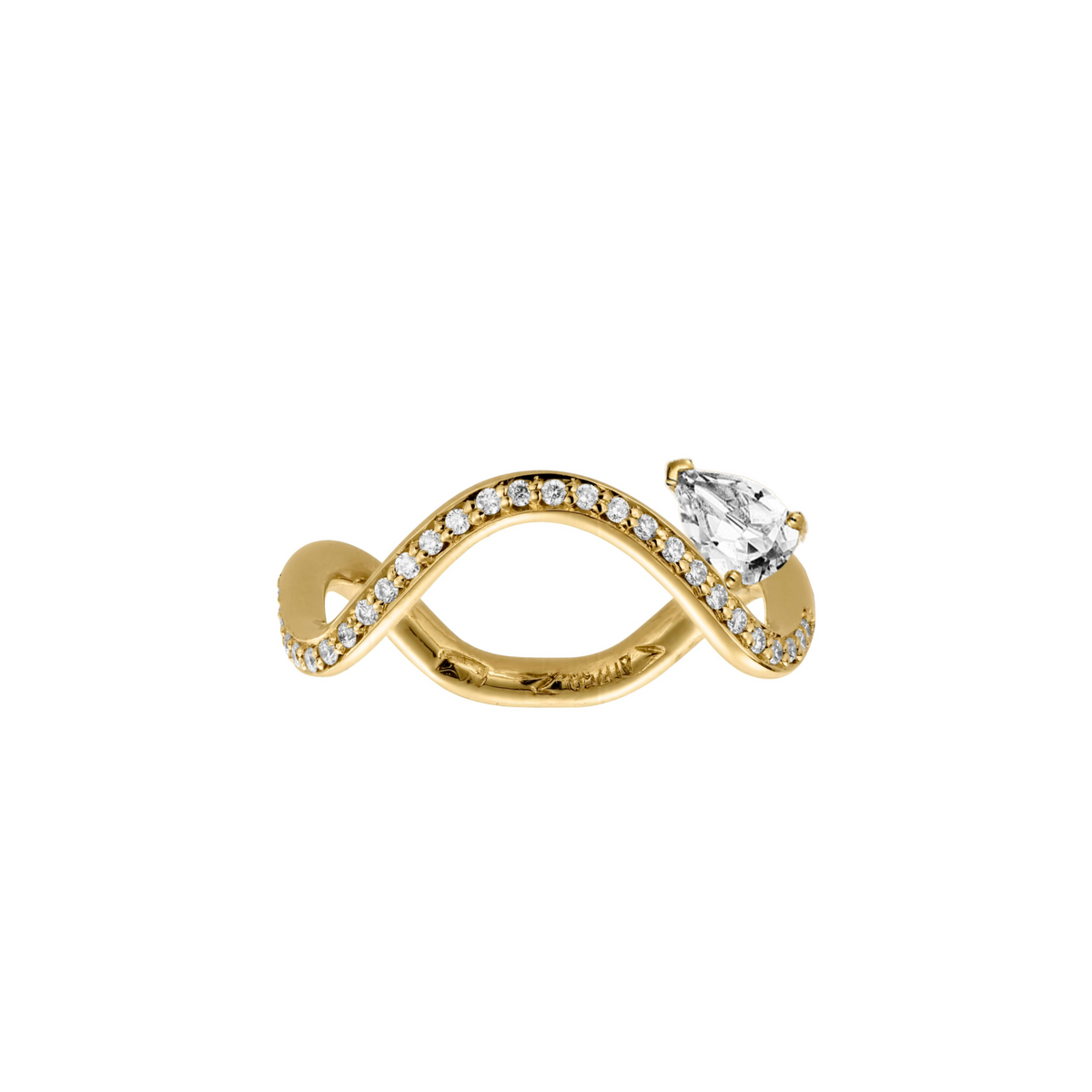 Petite Comete engagement ring in 18k yellow gold ring paved with diamonds and with a 0.7-carat Pear Star Diamond in a white background by Nayestones, Belgian Fine Jewelry.