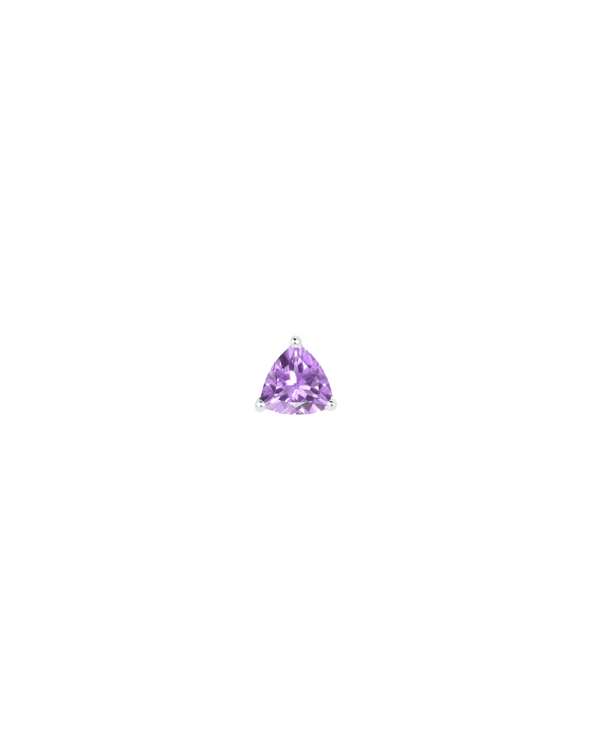 stud earring in 9k and 18k white gold with a trillion-cut amethyst stone by Nayestones, Belgian fine jewelry.