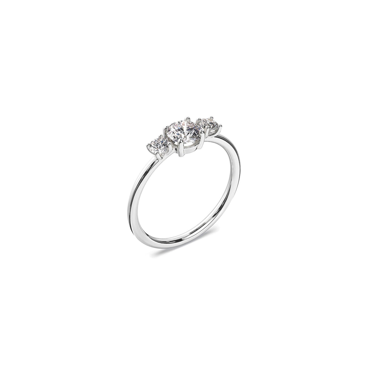 Trilogy engagement ring in 18K white gold with 0.5 carat diamond center stone by Nayestones, Belgian fine jewelry brand.