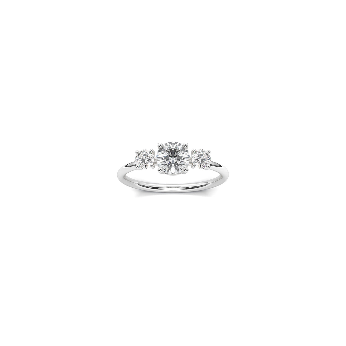 Trilogy engagement ring in 18K white gold with 0.75 carat center diamond stone and two smaller diamonds on the sides by Nayestones, Belgian fine jewelry brand.