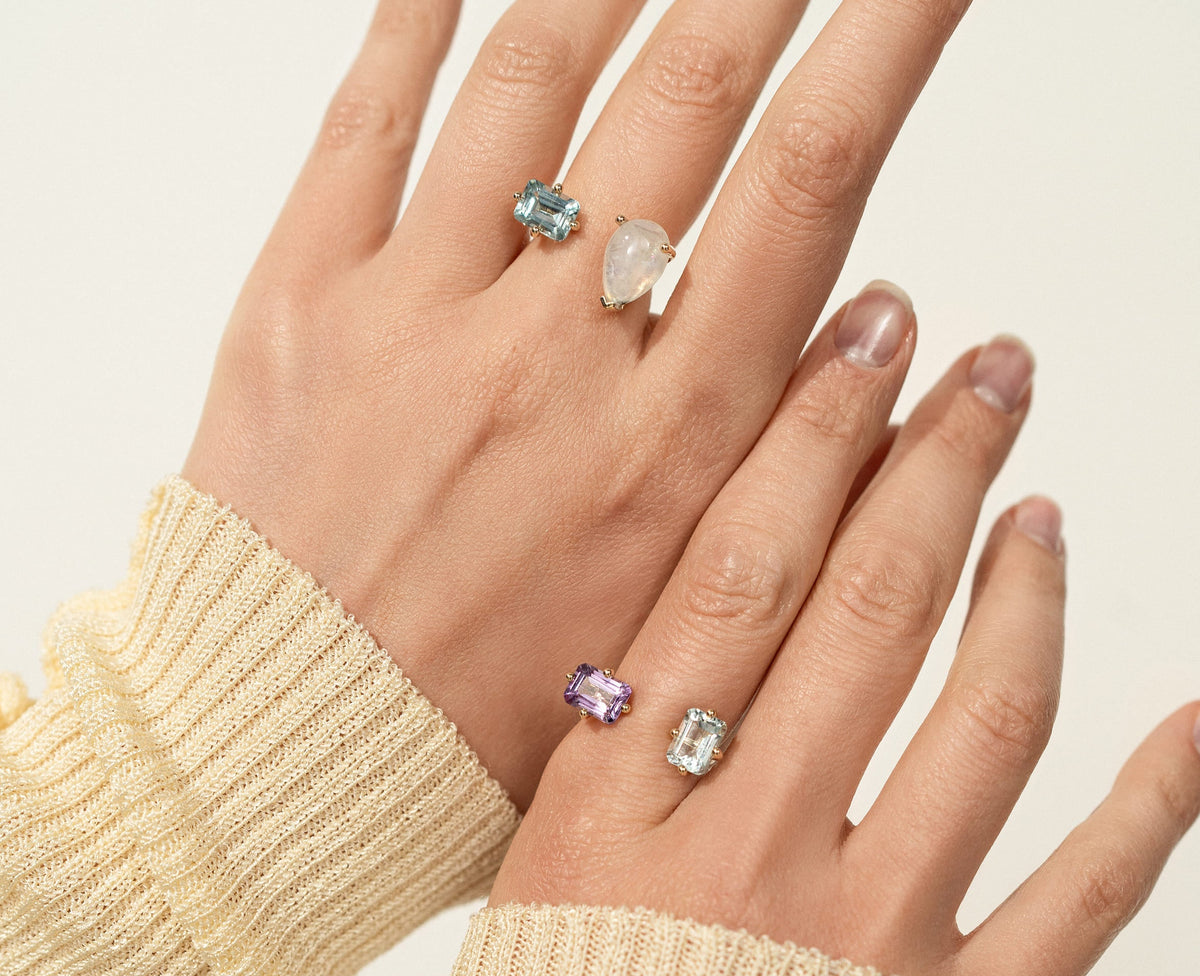 Ring 9K gold with twi octagon cut topaz - double octogone ring - Nayestones Creative Fine Jewellery made in Antwerp