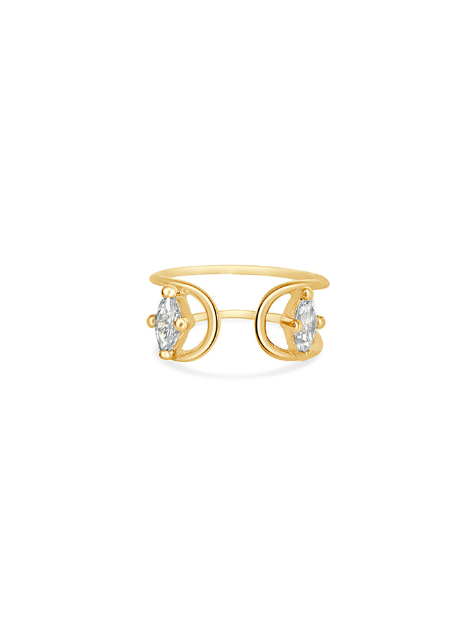 Double C Marquise Engagement Ring in 18K Gold with two Marquise Cut White Diamonds by Nayestones, Belgian fine jewelry.  Nayestones